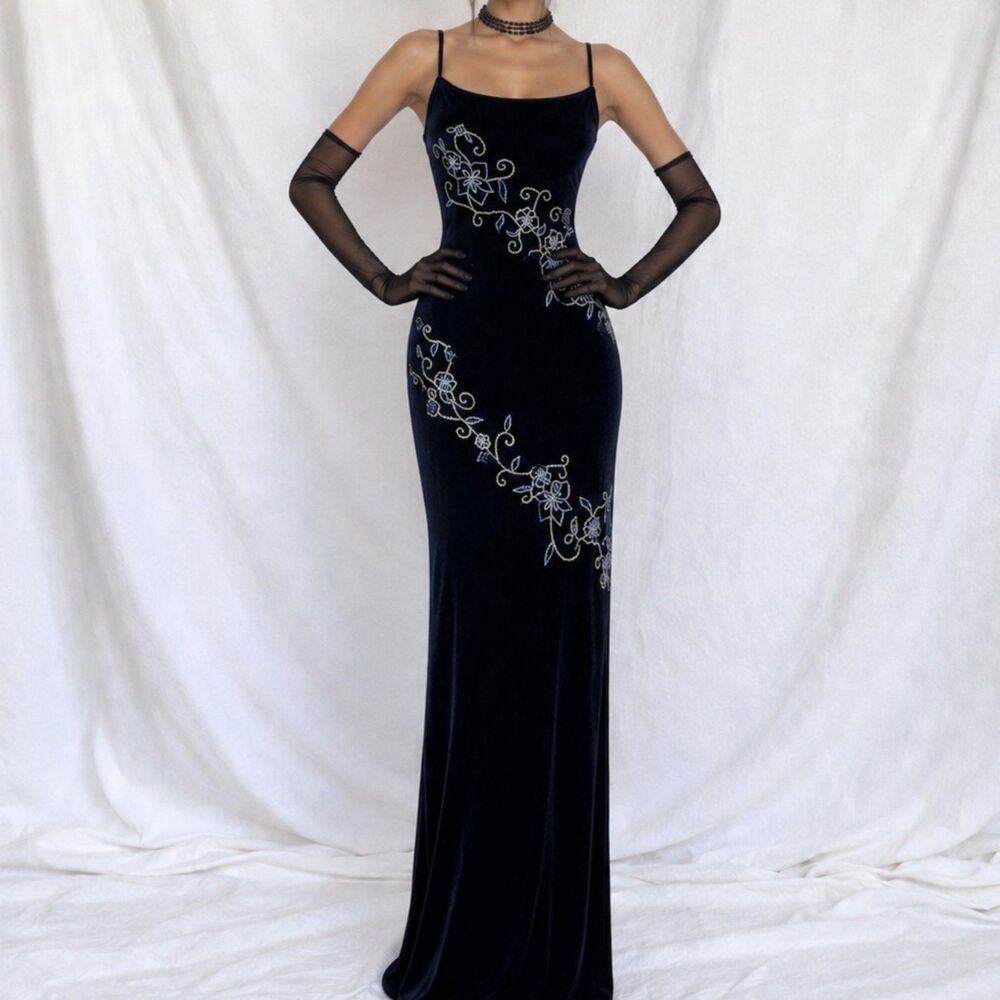 Vintage Navy Blue Knit Velvet Floral Beaded Maxi Bodycon Formal Dress Size M/L